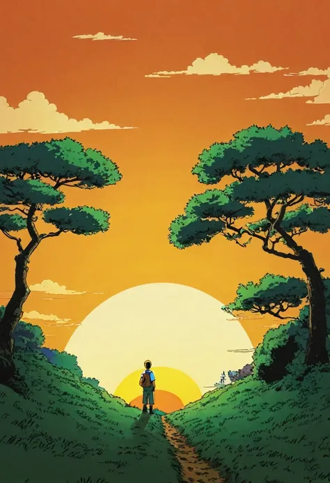 (Minimalism:1.4), Draw a simple art of  Tintin style an orange fruit tree sunset clouds , studio ghibli art, miyazaki,  , Makoto Shinkai!!, anime movie background best quality best of SeaArt HD
