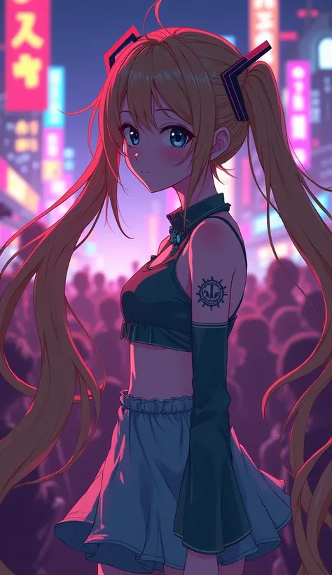 1990s anime featuring a beautiful blonde hatsune miku at a nightclub, Ghibli style, in 4K resolution with vibrant colors at night.