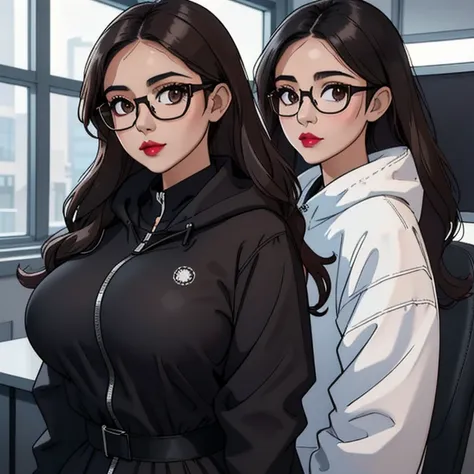 A cute petite short skinny slightly chubby tan skin goth teacher, medium wavy volumetric elegantly styled beautiful brown hair, beautiful detailed cute honey brown eyes, wearing glasses, cutely detailed lips, extremely cute detailed face, busty, huge volup...