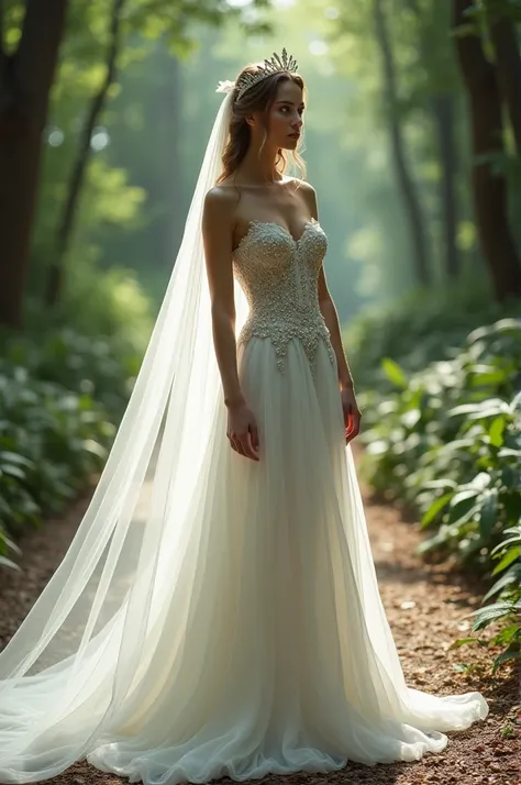 white wedding dress.  Princess cut with large skirts .  Slim fit corset with intricate details inspired by the bright forest. Elegant and delicate long veil .  Eternity-inspired tiara .  Elegant transparent sleeves . 