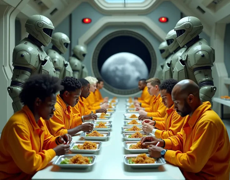  multi-purpose food sets. A table block in the prison and correctional facility of the future( on the moon outside the portholes gray moonscape ). high-tech futuristic interior ,  a few dozen different (Africans ,white,Asians) a person in orange-yellow  (o...