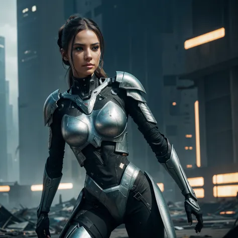 medium shot photo of sexy female cyborg wearing scratched and tarnished futuristic armor in a destroyed futuristic city, fantasy, sci-fi, beautiful feminine face, seductive, sexual, mist, vivid alluring eyes, dramatic, best quality masterpiece, photorealis...