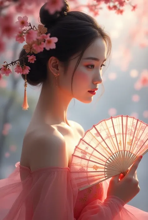 A photorealistic shiny thai beautiful woman in profile, wearing vibrant garments, surrounded by cherry blossoms, and set against a serene, ethereal background. The image incorporates hyper-realistic, gouache, airbrush, and glitter art styles. Make her hold...