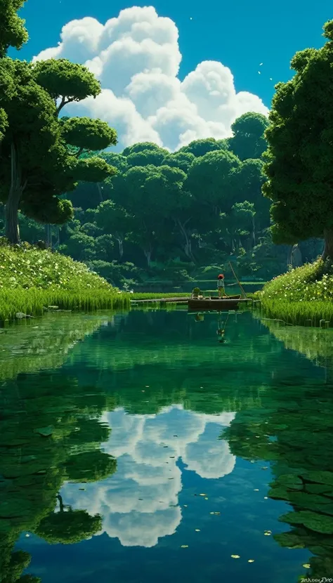 TINTIN-style field,   un niño en un lago    espejo     the scene is a stunning mix of natural beauty, inspired by Studio Ghibli. Above, The overall scene is tranquil, otherworldly and deeply calming. vasto       cielo celeste  limpio  de verano!!!!        ...