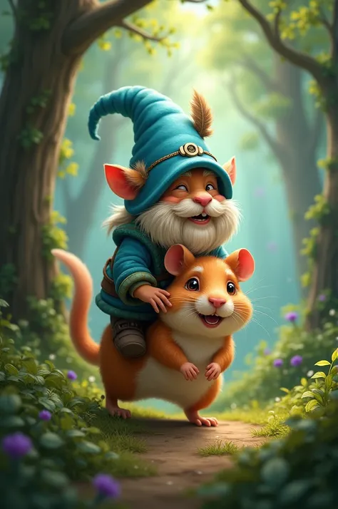 A charming little forest dwarf wearing a blue hat riding a hamster