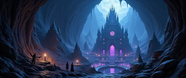 an epic dark elf fantasy city,  a huge cave city  built ((underground)), beneath the ground,  there are many buildings and towers, lit in dim light of candles and magical light, its deep under the mountain, purple light, blue light, from buildings, there i...