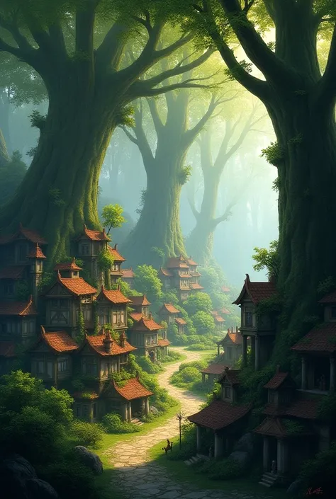  Concept Art 、A town amidst giant trees、 hyperrealism 