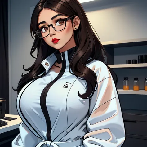 A cute petite short skinny slightly chubby tan skin goth teen, medium wavy volumetric elegantly styled beautiful brown hair, beautiful detailed cute honey brown eyes, wearing glasses, cutely detailed lips, extremely cute detailed face, busty, huge voluptuo...