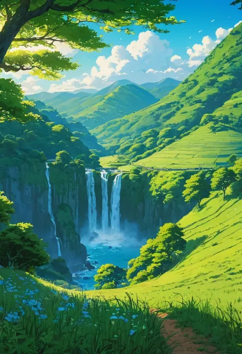 Stile Tintin Beautiful and serene anime landscape, a  tree     !!!(Best Quality,4k,8k,High resolution,masterpiece:1.2),ultra detailed,(realist,photorealist,photo-realist:1.37),nature,scenic,Beautiful landscape,serene atmosphere,fresh air,Majestic mountains...