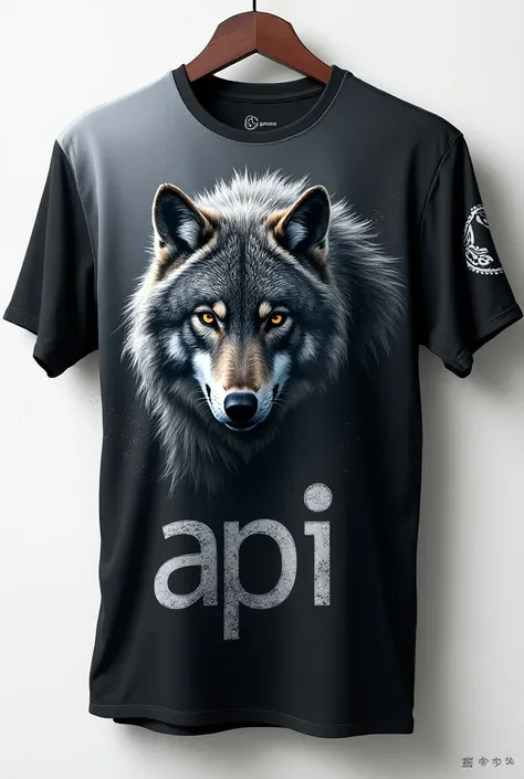  A t-shirt for indoor games in the wolf theme with the initials "Api" highlighted at the bottom in the colors black and gray ,  with company patch  "Garena " in the right corner