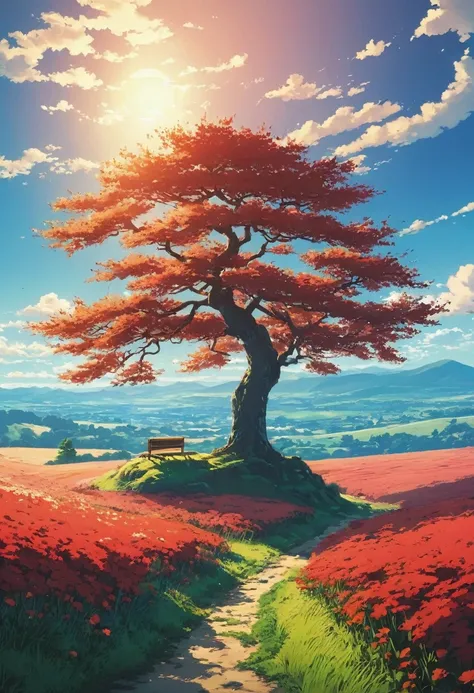 Stile Tintin Beautiful and serene anime landscape, un arbol         pradera     flores rojas         altas         hierbas           anime landscape wallpapers, beautiful anime peace scene, beautiful anime landscape, sky anime anime. by makoto shinkai, Rha...