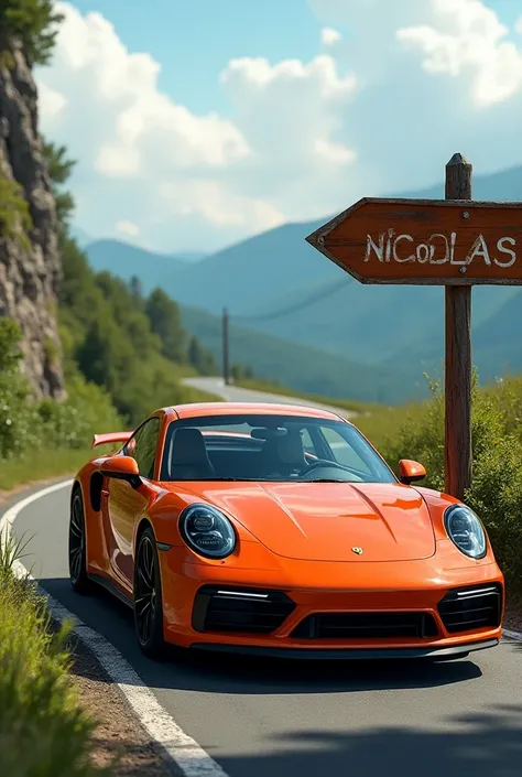 A Porsche car with a directional sign with the first name Nicolas written on it