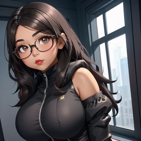 A cute petite short skinny slightly chubby tan skin goth teen, medium wavy volumetric elegantly styled beautiful brown hair, beautiful detailed cute honey brown eyes, wearing glasses, cutely detailed lips, extremely cute detailed face, busty, huge voluptuo...