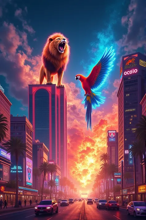  Imagine a gigantic Las Vegas-style billboard , but instead of advertisements ,  the animals come to life on glowing neon screens !  A lion roaring at the top of a casino ,  a colorful parrot flying around the buildings ,  and a majestic phoenix rising fro...