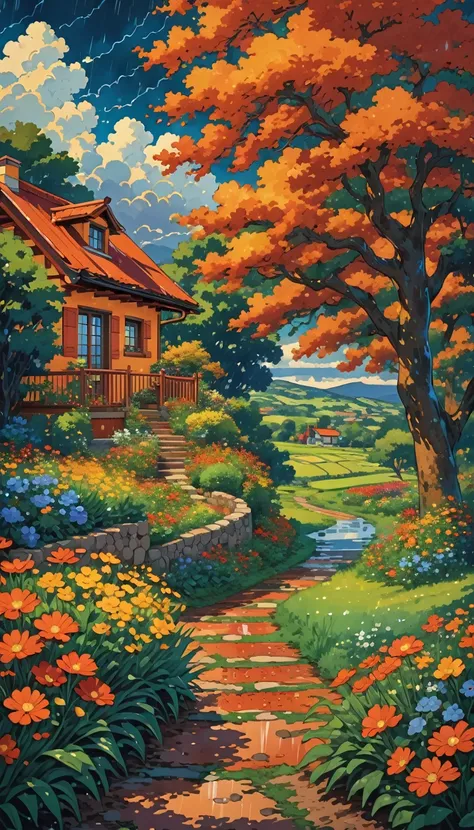 Stile Tintin Create a landscape of a serene countryside scene during a gentle summer rain. A cozy cottage with a red roof is nestled near a large, lush green tree. The sky is filled with dramatic, billowing clouds in vibrant shades of orange and yellow, il...