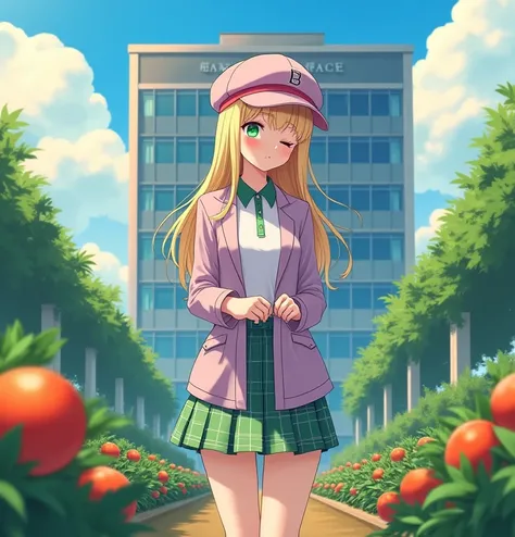  A 19-year-old anime-style white-skinned woman , To Love Ru, stop,  in a huge vegetable garden behind a large white school with four-story blue tinted windows in Tokyo, In the surrounding area there are several fruit and vegetable plants , Like vegetables ...