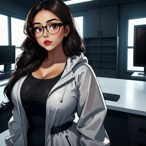 A cute petite short skinny slightly chubby tan skin goth teen, medium wavy volumetric elegantly styled beautiful brown hair, beautiful detailed cute honey brown eyes, wearing glasses, cutely detailed lips, extremely cute detailed face, busty, huge voluptuo...