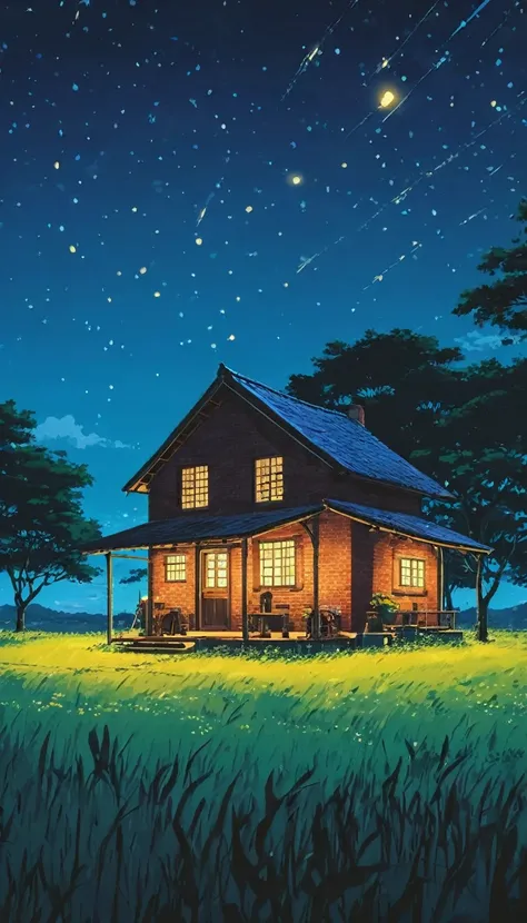 (Minimalism:1.4), Draw a simple Tintin style art, an old little brick hut    !!!,,  view from afar countryside night serene fireflies lighting dream studio Ghibli, miyazaki,  , Makoto Shinkai!!, anime movie background best quality best of SeaArt HD
