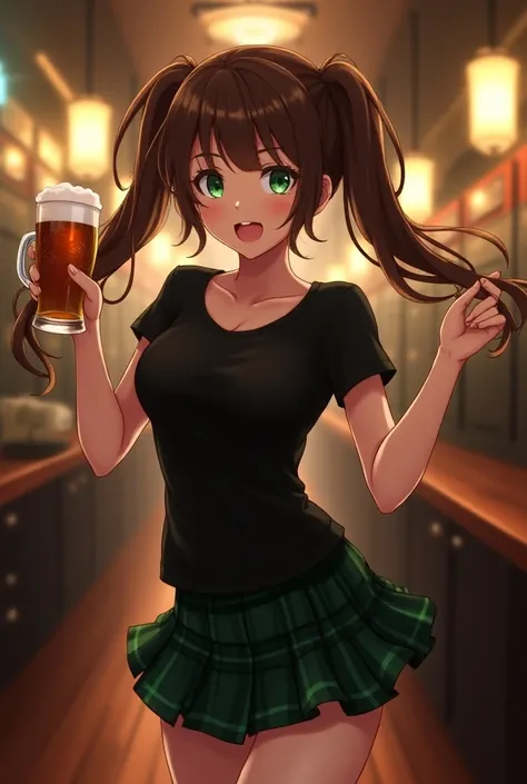 Craft a visually stunning image of a 25-year-old anime female with long brown hair styled in twin tail ponytails, captivating green eyes, and a slim athletic body from an award-winning Hollywood feature film, featuring a female waitress in an English pub s...