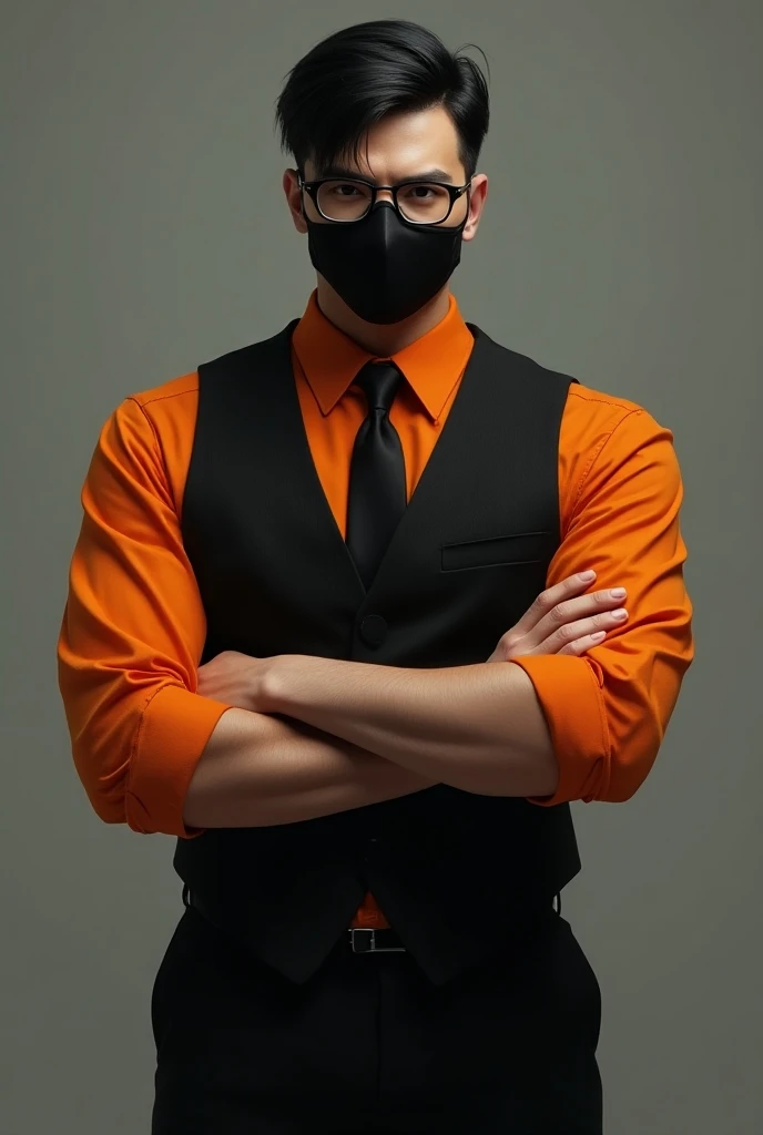 the guy is standing in a black vest, under which an orange shirt with a tie is visible, his sleeves are rolled up. The guy has a mask and glasses on his face, his black flower hair is short, he has his arms crossed over his chest