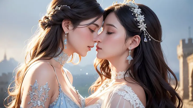 Woman with long, wavy brown hair wearing a low-cut, white and blue dress adorned with silver embellishments and a lace choker. She is also wearing dangling, ornate earrings, soft focus, ancient castle and foggy background, two girls are deeply in love with...