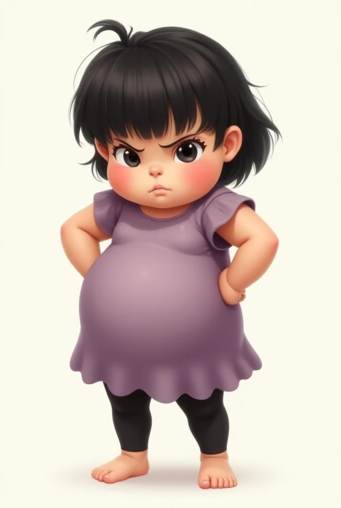 Highly detailed, High Quality, Masterpiece, beautiful, solo, cute face, character design, ren book illustration, brat, girl, chubby belly, young, age 10, mean expression, purple dress, black hair, black bangs, stood with hands on hips, black tights, barefo...