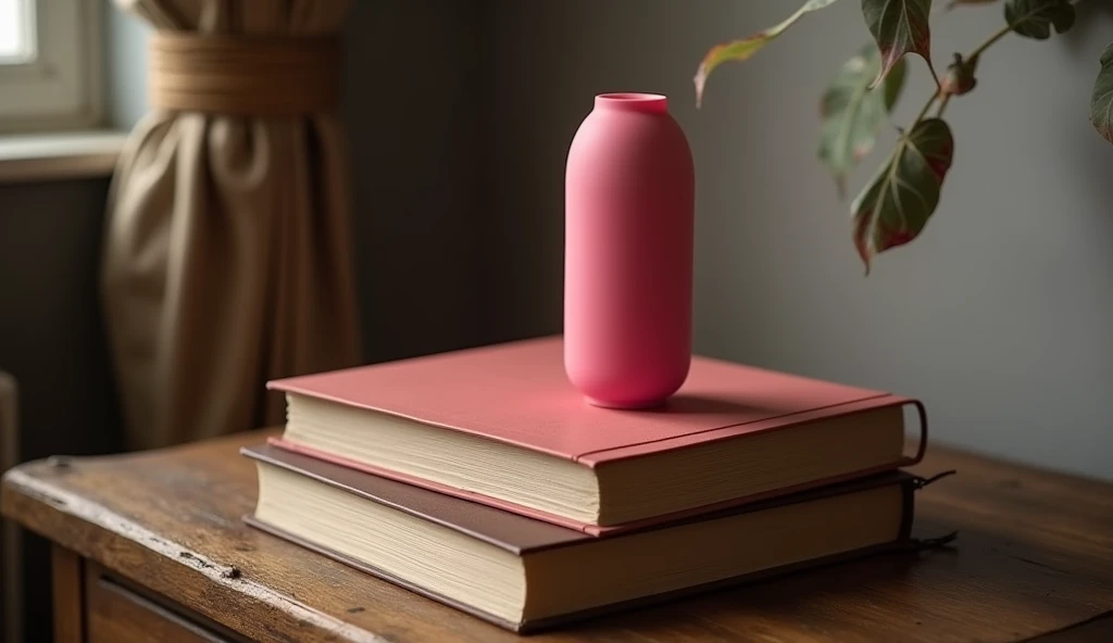 A pink penis-shaped vibrator sits on a wooden bedside table. It is sitting on top of some books.