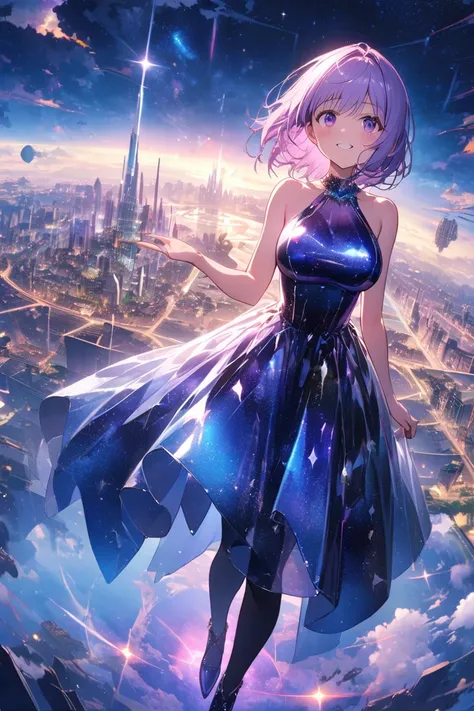 anime,  elaborate CG unit wallpaper,  super high definition, Cinema Lighting, Huge Buildings , Island with big cities ,  finger proportions are adjusted , accurate, anatomically correct, (Full Body Shot: 1.4), (( cyber city wrapped in purple light)), (((A ...