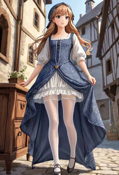  Girls Underwear, Realistic panties made of patterned cotton fabric, Medieval one-piece dress with panniers, Fabric Realism, Low Angle, You can see the drawer, Pull up the dress with your hands, Strong winds, Transparent slip, Transparent slip, tights, Bes...