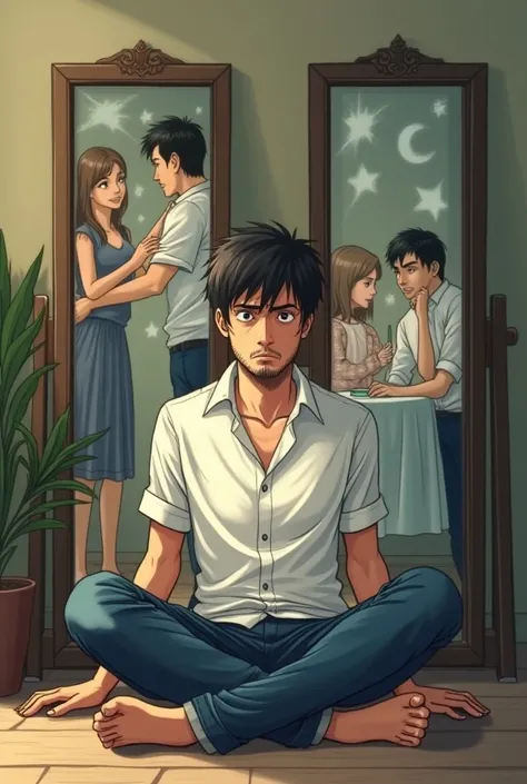 Hand drawn anime style，A man in a white shirt who looks very miserable，Sitting on the floor in the living room，Angry and painful expression，There are 3 small mirrors on the wall behind him.，The first mirror shows a man and a woman hugging each other sweetl...