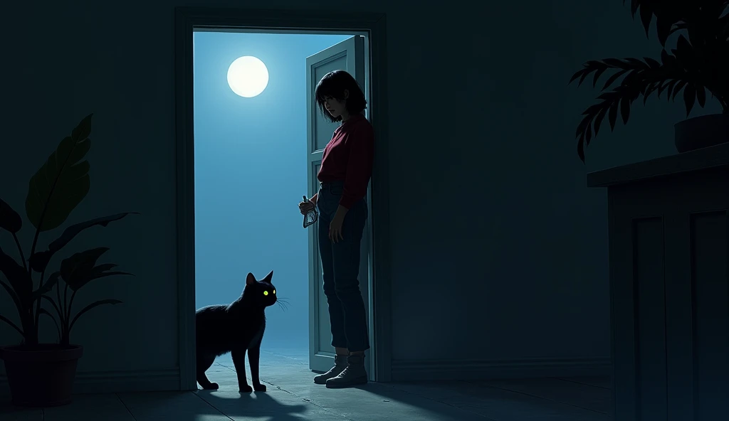 Laura standing in front of a half-open door ,  while a black cat observes her with bright eyes from the shadow .  The moonlight partially illuminates both , , generating a contrast of lights and shadows that highlight the atmosphere of mystery.