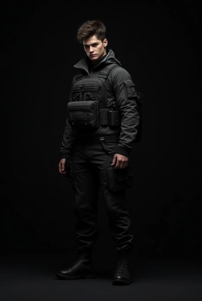 Teenage man wearing secret spy outfit and looking like a ruthless killer preparing for a mission on a dark black background.