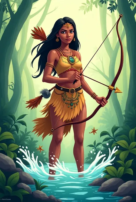  Create an image of an indigenous woman with a bow and arrow in her hand , put the colors green and white,  make the indigenous woman brave and contented , Put something related to water, Make it like a cartoon 