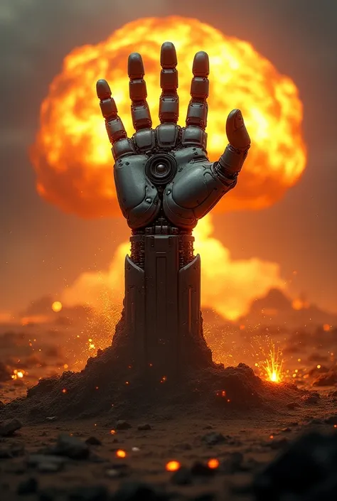  A robot hand with speakers coming out of the ground with fire ..exploding a nuclear bomb 