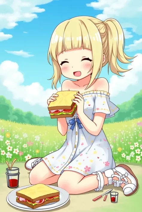 sandwich：Bread with white bread、Ingredients are ham, cheese, lettuce and tomatoes、It is topped with mayonnaise and mustard。The sandwich is cut and、Cross-section is visible。The sandwich is on the plate.、Served with napkins, forks and knives。 girl with：Her h...