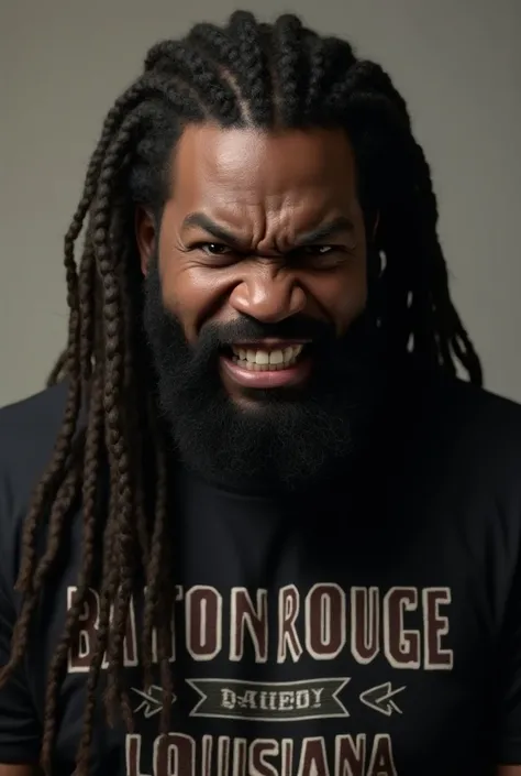 Kevin gates look a like with full beard that frames his face long length locs wearing a baton rouge Louisiana T shirt mean taking a selfie photo  4k ultra realistic photo high quality Anger Vein, Furrowed Brow, 