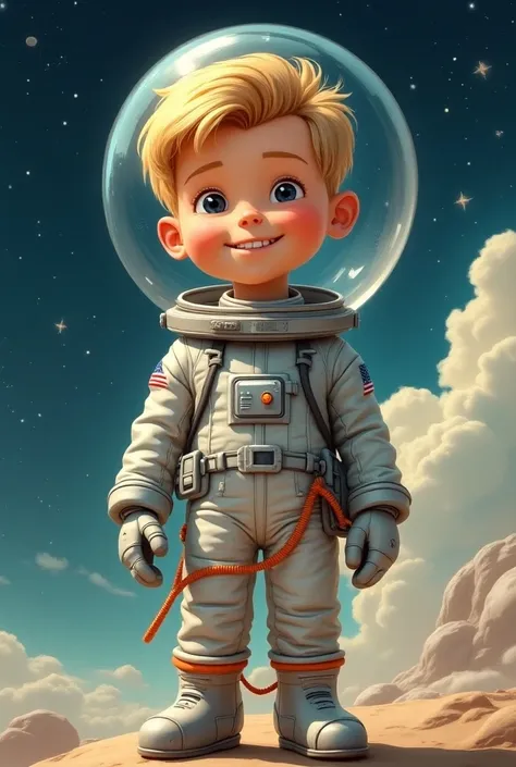 American boy, blonde, with bowl haircut, wearing astronaut clothes