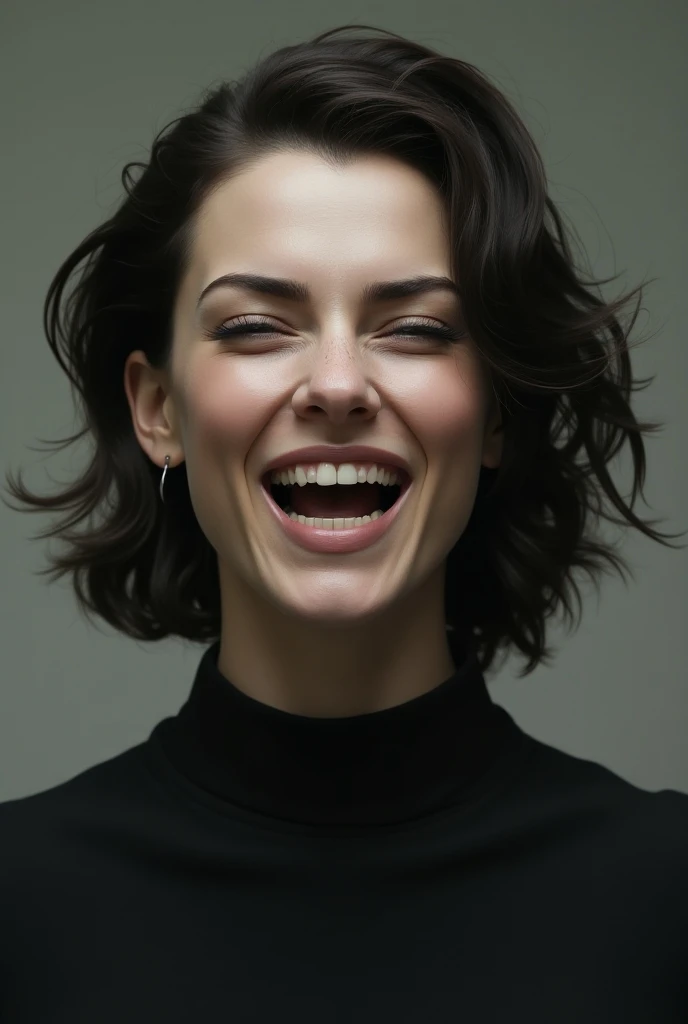 A woman with a serious face laughing with a mean look