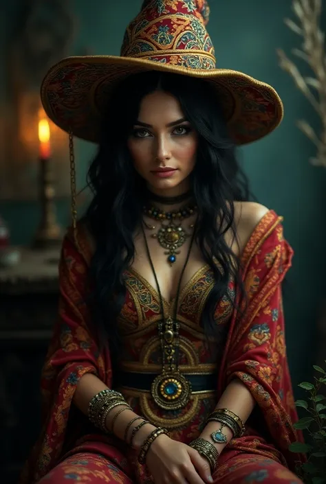 A Beautiful Gypsy Fortune Teller ,   Detailed Gypsy Tarot Card Fashion, Highly detailed,  chiaroscuro lighting , horizontal composition