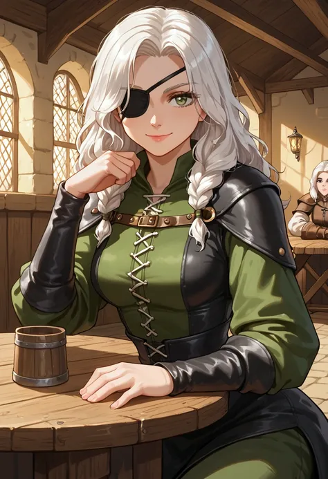 Girl, perfect face, white hair, green eyes, eye patch, black leather clothes, medieval rogue, sitting, medieval tavern, bags of gold on the table, mischievous smile