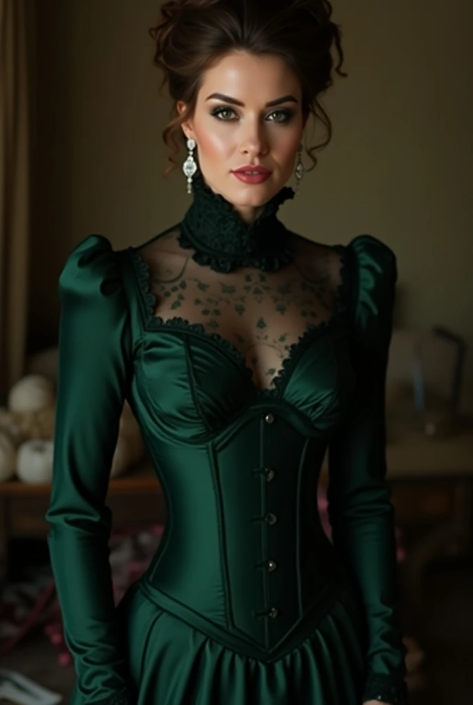 (((  not suitable for work  ))).   A full body shot of a sexy 25-year-old beautiful woman  (((  sodomized by a horny 69-year-old man  :1.5))). year 1900. 1900_Dress.   Dark green high collar long sleeve shiny satin bustle dress,  with fair-skirt ,  silk gl...