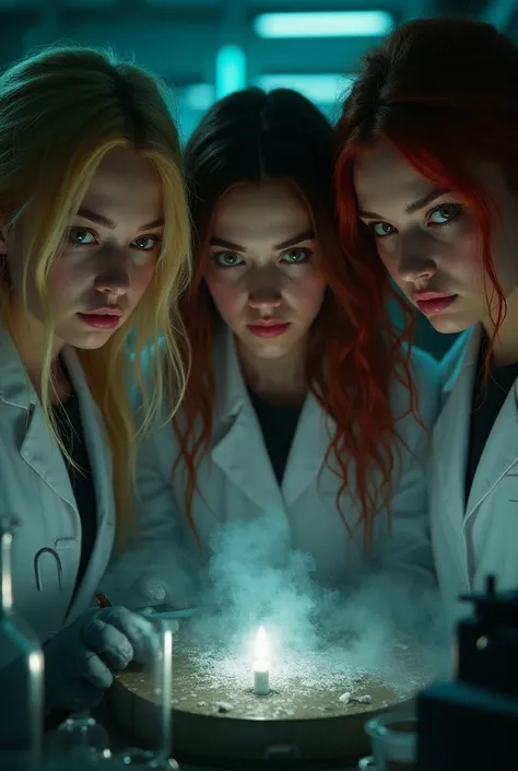 Three girls, a blonde , A chestnut and a redhead for a book of dark scientific research and suspense. More realistic and humanized