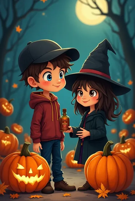 A boy with short hair, with a rear-facing cap,  and with Halloween pumpkins on his side, And a witch, a bottle of whiskey in hand, animation style 