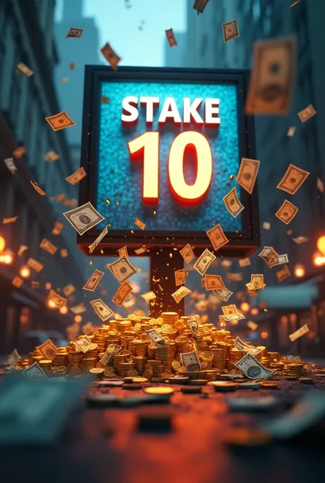  Generate an image that says BIG "STAKE 10 "  with lots of flying bills , coins. 