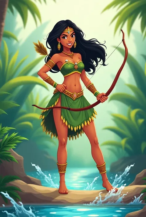  Create a brave and happy indigenous woman , with a bow and arrow in your hand , with the green colors, yellow and white,  put something related to water and make her a superhero, Make it like a cartoon, Make her well-dressed 