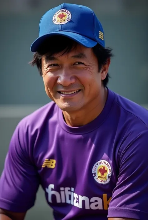  Jeck chan wearing a Vivo Fibra purple jersey, And a blue hat 