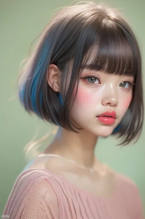 ((extremely realistic)), ( super real), generate a highly realistic image, white backdrop,,15-year-old female,毛先ピンク色のshort bob b...