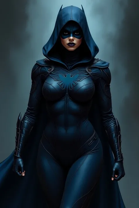 comic image, superhero woman, in a dark blue and black fitted suit,  with a black mask that covers his entire face, with a dark blue hood,  a symbol of a dark blue bird on his chest ,  dark blue cape ,  full body image , And behind , Let it be a comic draw...