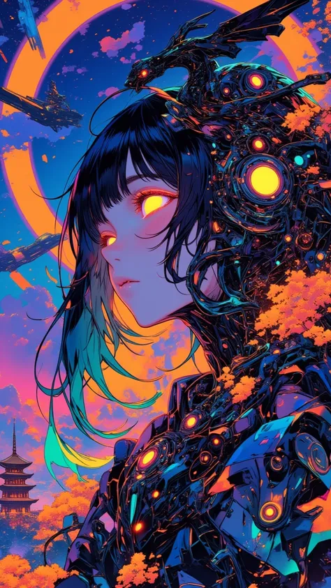 ((best quality)), ((masterpiece)), (detailed), perfect face of cyberpunk mecha japanese girl, neon rainbow eyes, metallic black headgear in the shape of a phoenix, rainbow hair, ((monochromatic neon rainbow color palette)), surreal, art nouveau, in the ill...