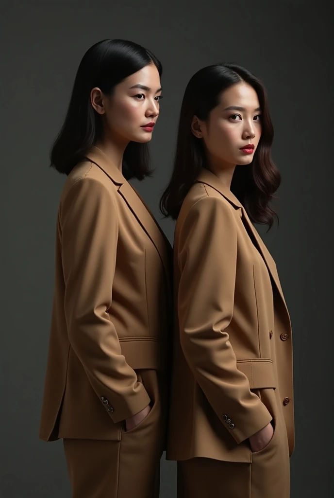 Brunette female agent with caramel color blazer, look very wealth (age 36 height 58) stand opposite with Malaysian female with simple home dress, look poor (age 36 height 55).  Show the complete image. 